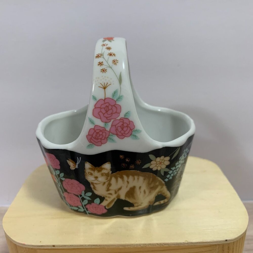 Vintage Action Japan Floral Cat Mini Trinket Basket